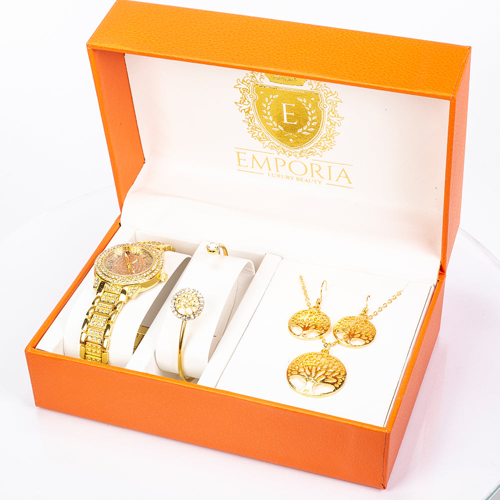 Pozlátený Zliatinový Hodinky s Bielym Emporia® Krištáľom ( Náhrdelník+Náušnice+Náramok+Prívesok ) 1 