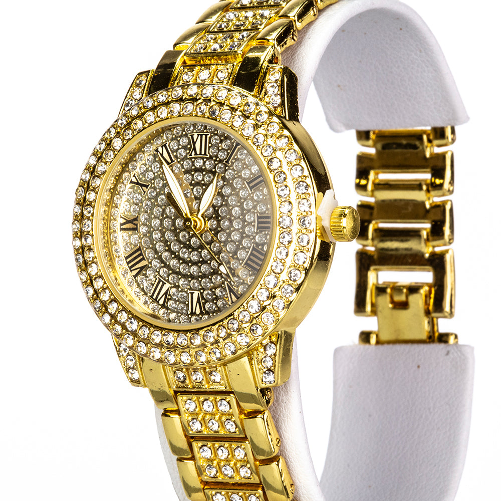 Pozlátený Zliatinový Hodinky s Bielym Emporia® Krištáľom ( Náhrdelník+Náušnice+Náramok+Prívesok )