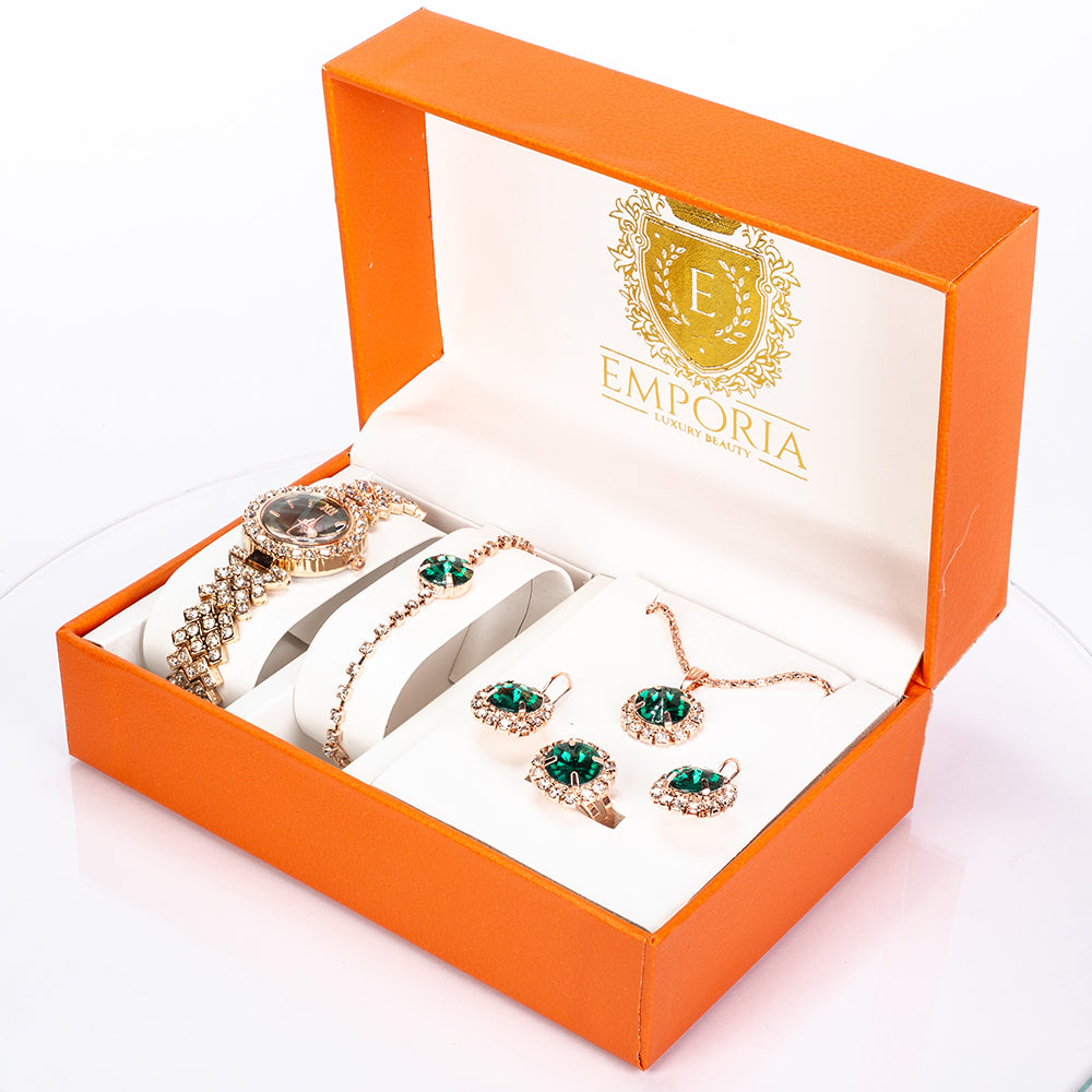 Pozlátený Zliatinový Hodinky s so Zeleným Emporia® Krištáľom a Bielym Emporia® Krištáľom ( Náhrdelník+Náušnice+Náramok+Prsteň +Prívesok )