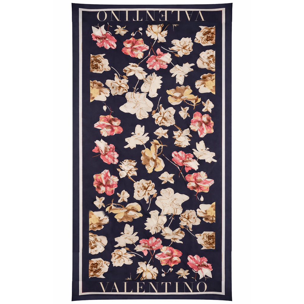Šatka Kvety a listy (Bloom & Letters), modrá, 85 cm x 180 cm, 100% vegánske hodvábie