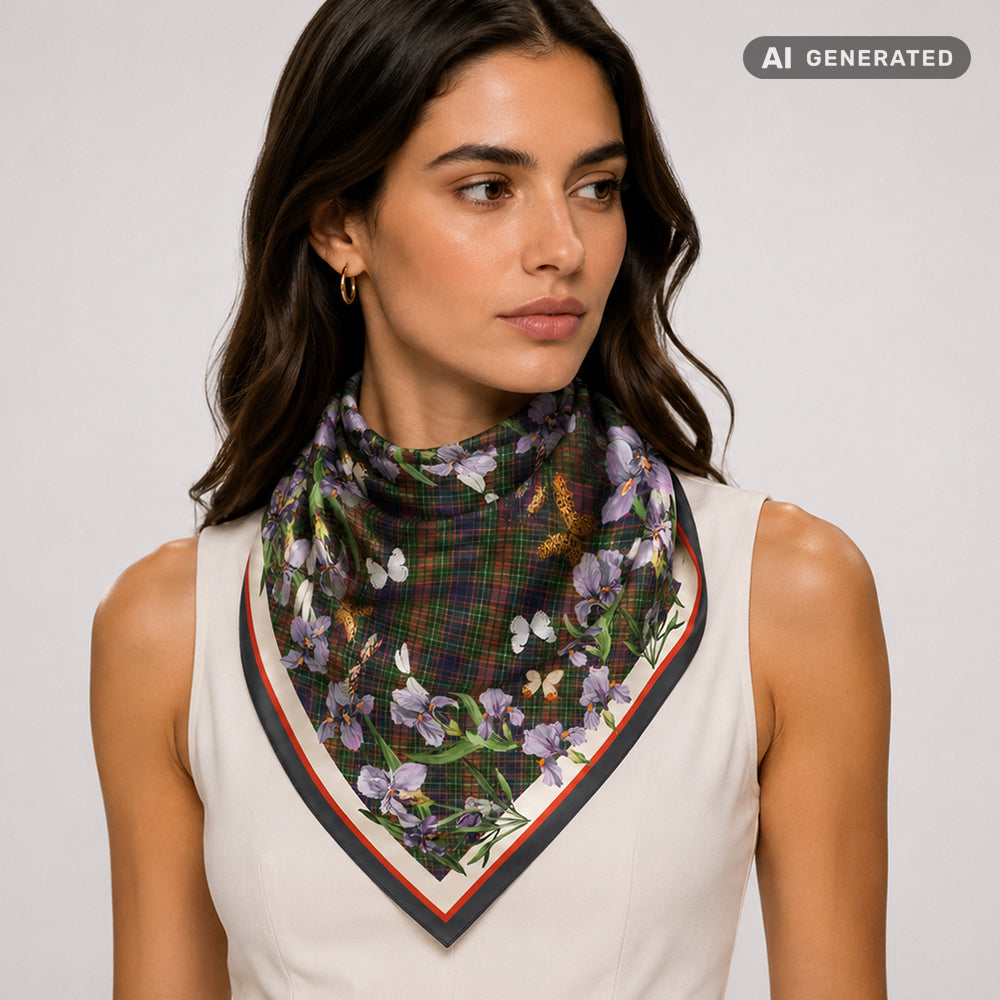 Iris Meadow Scarf, Forest Green, 90 cm x 90 cm, 100% Silk 1 