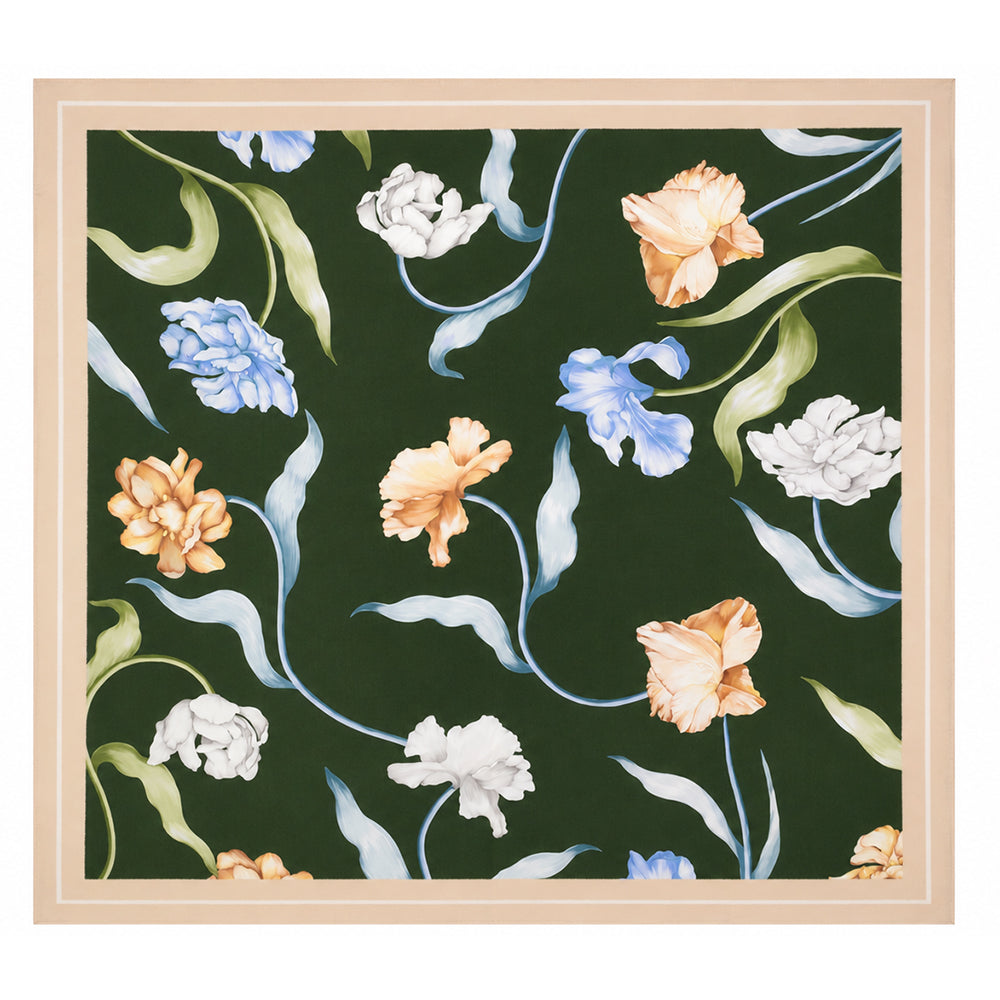Hodvábna šatka Emerald Flowers, smaragdovo zelená, 90 × 90 cm