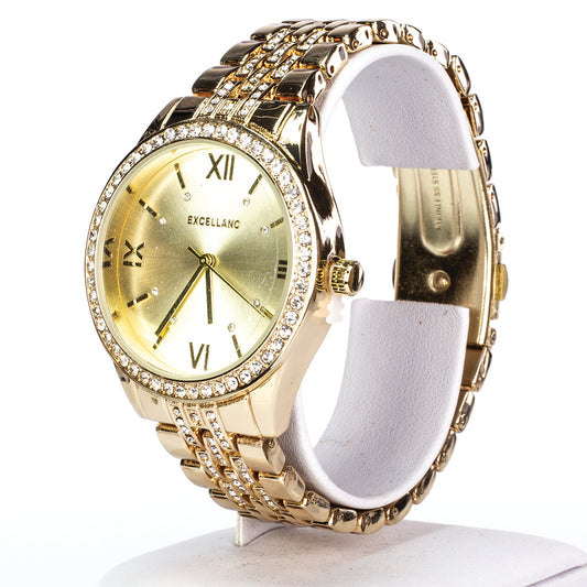 Dámske hodinky Excellanc zlatej farby s kovovým náramkom, skladacou sponou a kryštálmi