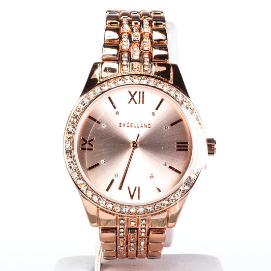Dámske hodinky Excellanc vo farbe ružového zlata s kovovým náramkom, skladacou sponou a kryštálmi.