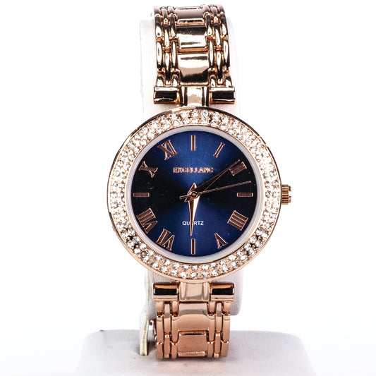 Dámske hodinky Excellanc vo farbe ružového zlata s kovovým náramkom a čiernym ciferníkom.