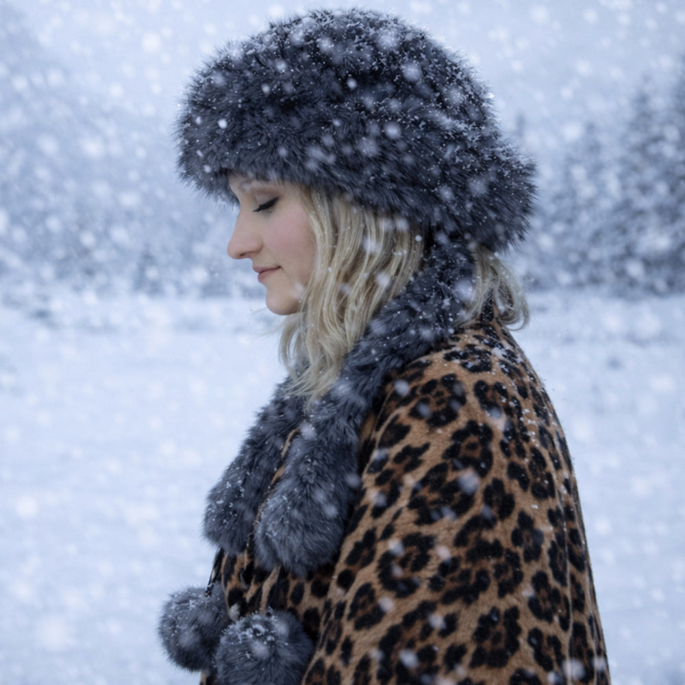 Strieborná zimná čiapka s umelou kožušinou a šálom – univerzálna veľkosť 5 