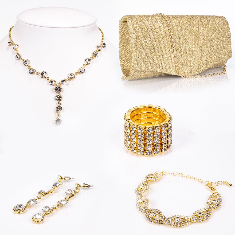 Pozlátený Zliatinový Kabelka s Bielym Emporia® Krištáľom ( Náhrdelník+Náušnice+Náramok+Prsteň ) 1 
