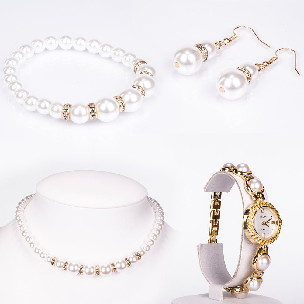 Pozlátený Zliatinový Hodinky s Bielym Emporia® Krištáľom ( Náhrdelník+Náušnice+Náramok ) 1 