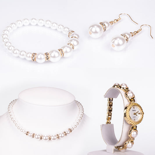 Pozlátený Zliatinový Hodinky s Bielym Emporia® Krištáľom ( Náhrdelník+Náušnice+Náramok )