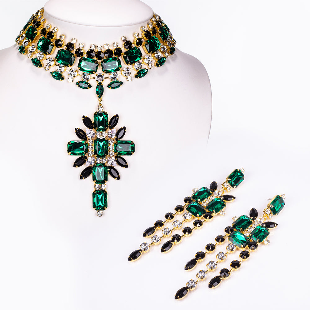 Pozlátené Zliatinové Sada s so Zeleným Emporia® Krištáľom a Bielym Emporia® Krištáľom ( Náhrdelník+Náušnice ) 1 