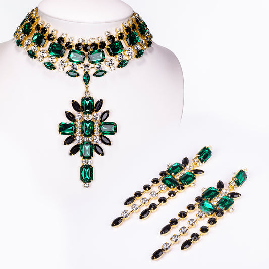 Pozlátené Zliatinové Sada s so Zeleným Emporia® Krištáľom a Bielym Emporia® Krištáľom ( Náhrdelník+Náušnice )