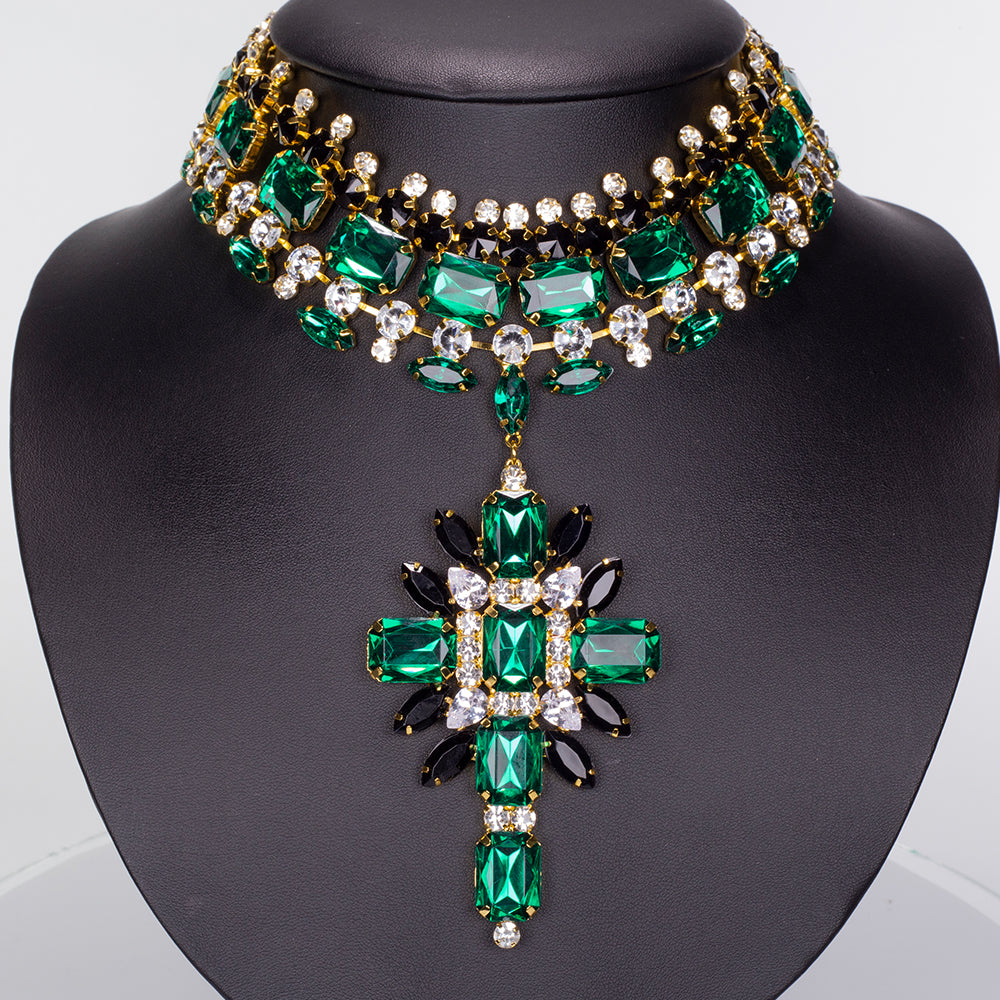 Pozlátené Zliatinové Sada s so Zeleným Emporia® Krištáľom a Bielym Emporia® Krištáľom ( Náhrdelník+Náušnice )