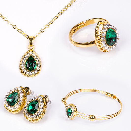 Pozlátené Zliatinové Sada s so Zeleným Emporia® Krištáľom a Bielym Emporia® Krištáľom ( Náhrdelník+Náušnice+Náramok+Prsteň +Prívesok )