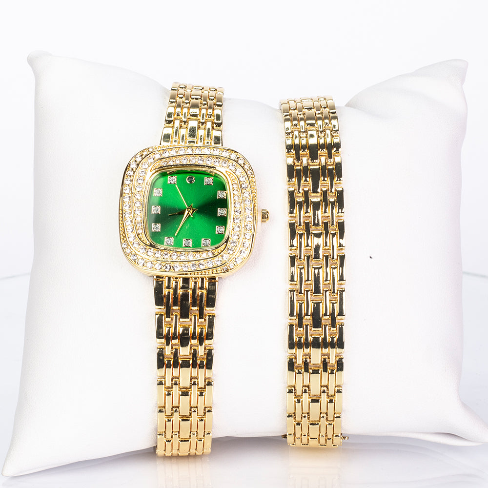 Pozlátený Zliatinový Hodinky s so Smaragdom a Bielym Emporia® Krištáľom ( Náramok )