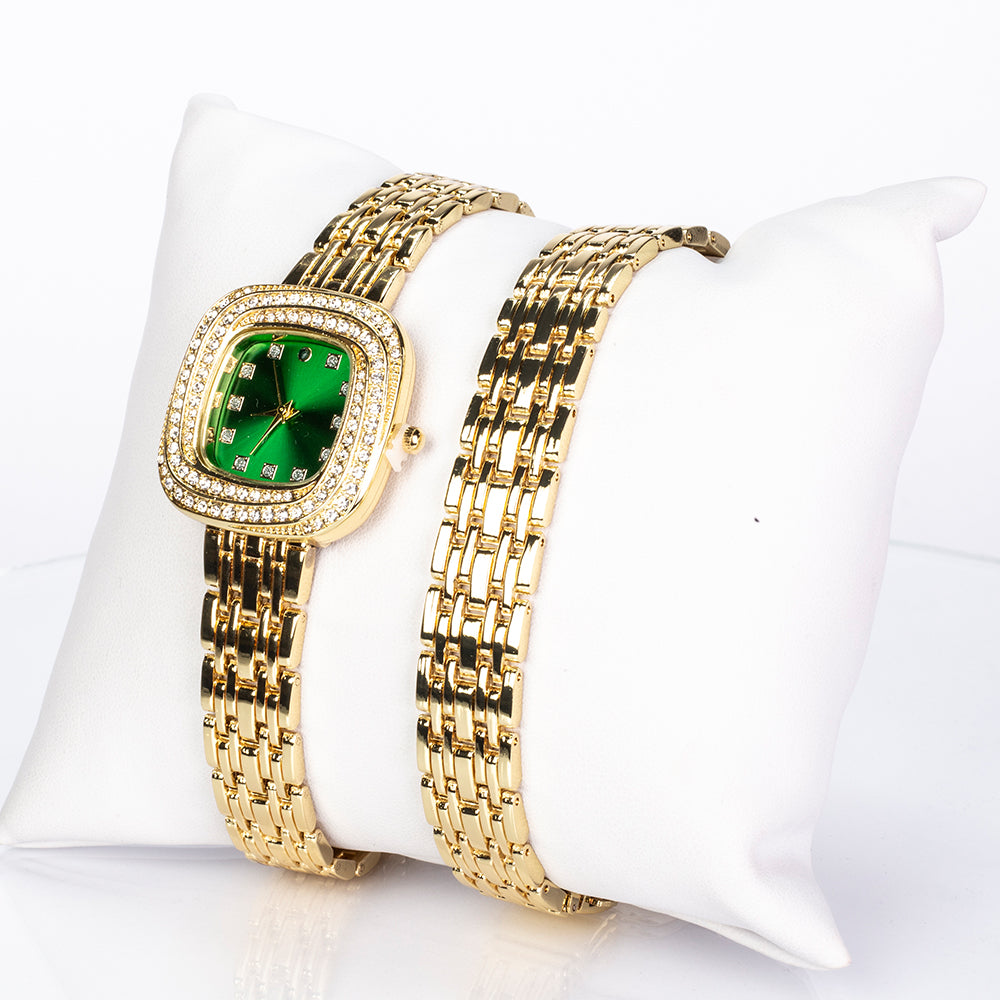 Pozlátený Zliatinový Hodinky s so Smaragdom a Bielym Emporia® Krištáľom ( Náramok ) 1 