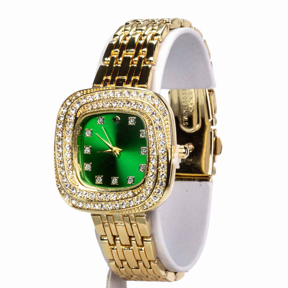 Pozlátený Zliatinový Hodinky s so Smaragdom a Bielym Emporia® Krištáľom ( Náramok )