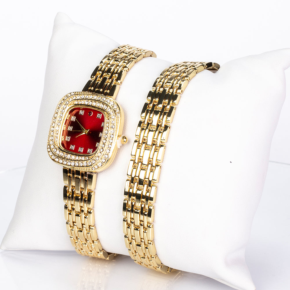 Pozlátený Zliatinový Hodinky s Rubínom a Bielym Emporia® Krištáľom ( Náramok ) 1 