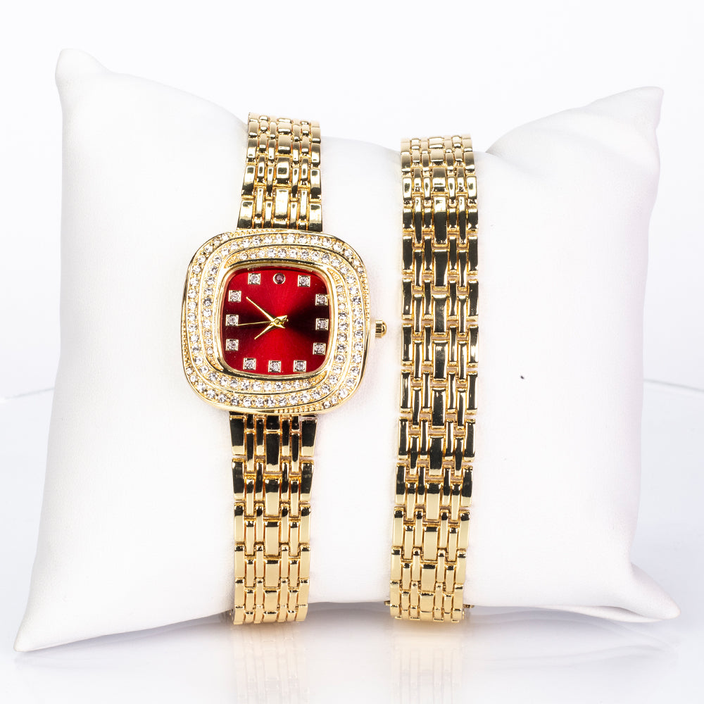 Pozlátený Zliatinový Hodinky s Rubínom a Bielym Emporia® Krištáľom ( Náramok ) 2 