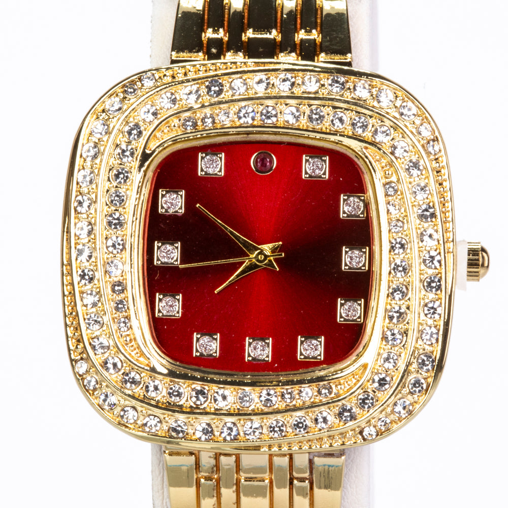 Pozlátený Zliatinový Hodinky s Rubínom a Bielym Emporia® Krištáľom ( Náramok )