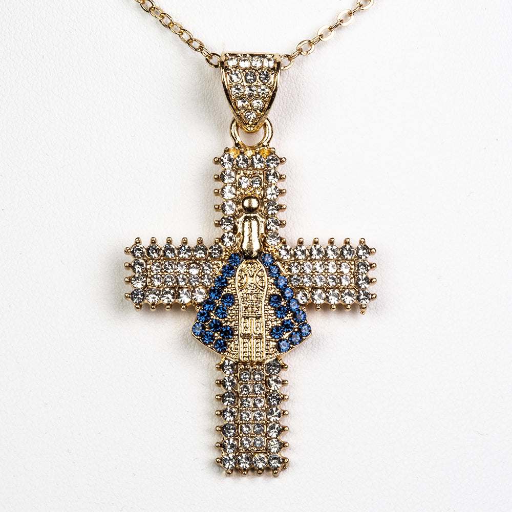 Kríž Pozlátený Zliatinový Náhrdelník s Modrým Emporia® Krištáľom a Bielym Emporia® Krištáľom