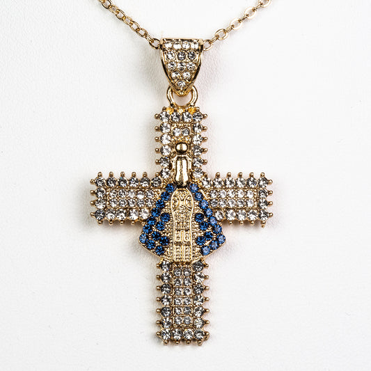 Kríž Pozlátený Zliatinový Náhrdelník s Modrým Emporia® Krištáľom a Bielym Emporia® Krištáľom