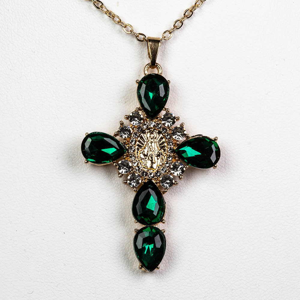 Kríž Pozlátený Zliatinový Náhrdelník s so Zeleným Emporia® Krištáľom a Bielym Emporia® Krištáľom