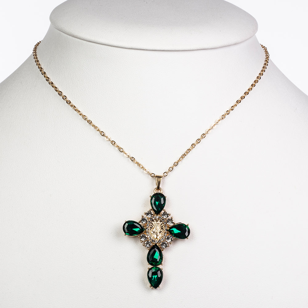 Kríž Pozlátený Zliatinový Náhrdelník s so Zeleným Emporia® Krištáľom a Bielym Emporia® Krištáľom 2 