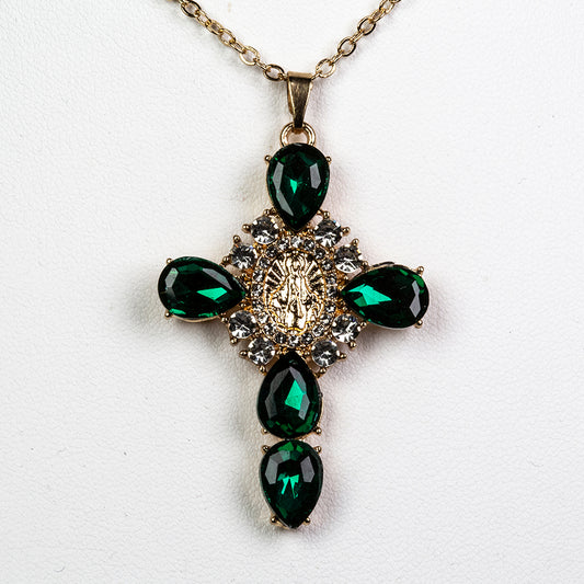 Kríž Pozlátený Zliatinový Náhrdelník s so Zeleným Emporia® Krištáľom a Bielym Emporia® Krištáľom