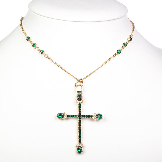 Kríž Pozlátený Zliatinový Náhrdelník s so Zeleným Emporia® Krištáľom ( Náhrdelník+Prívesok )