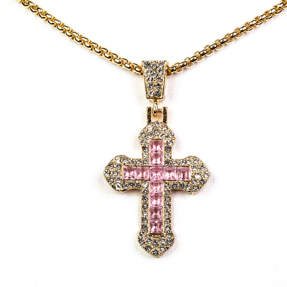 Kríž Pozlátené Zliatinové Sada s Ružovým Emporia® Krištáľom a Bielym Emporia® Krištáľom ( Náhrdelník+Náramok+Prsteň +Prívesok )