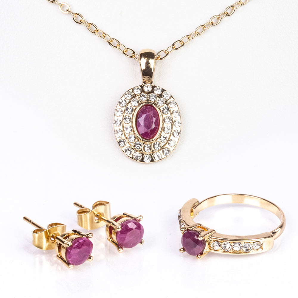 Pozlátené Zliatinové Sada s Rubínom a Bielym Emporia® Krištáľom ( Náhrdelník+Náušnice+Prsteň +Prívesok ) 1 