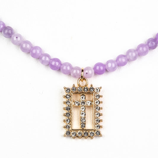 Kríž Korále Náhrdelník s Levanduľovým Kremeňom a Bielym Emporia® Krištáľom ( Náhrdelník+Prívesok )