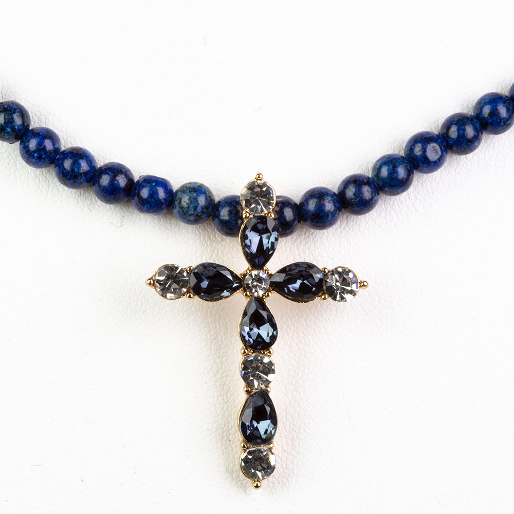 Kríž Pozlátený Zliatinový Náhrdelník s Lapisom Lazuli a Modrým Emporia® Krištáľom ( Náhrdelník+Prívesok ) 1 