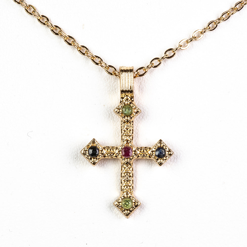 Kríž Pozlátený Zliatinový Náhrdelník s Barmským Rubínom a Brazílskym Smaragdom ( Náhrdelník+Prívesok )