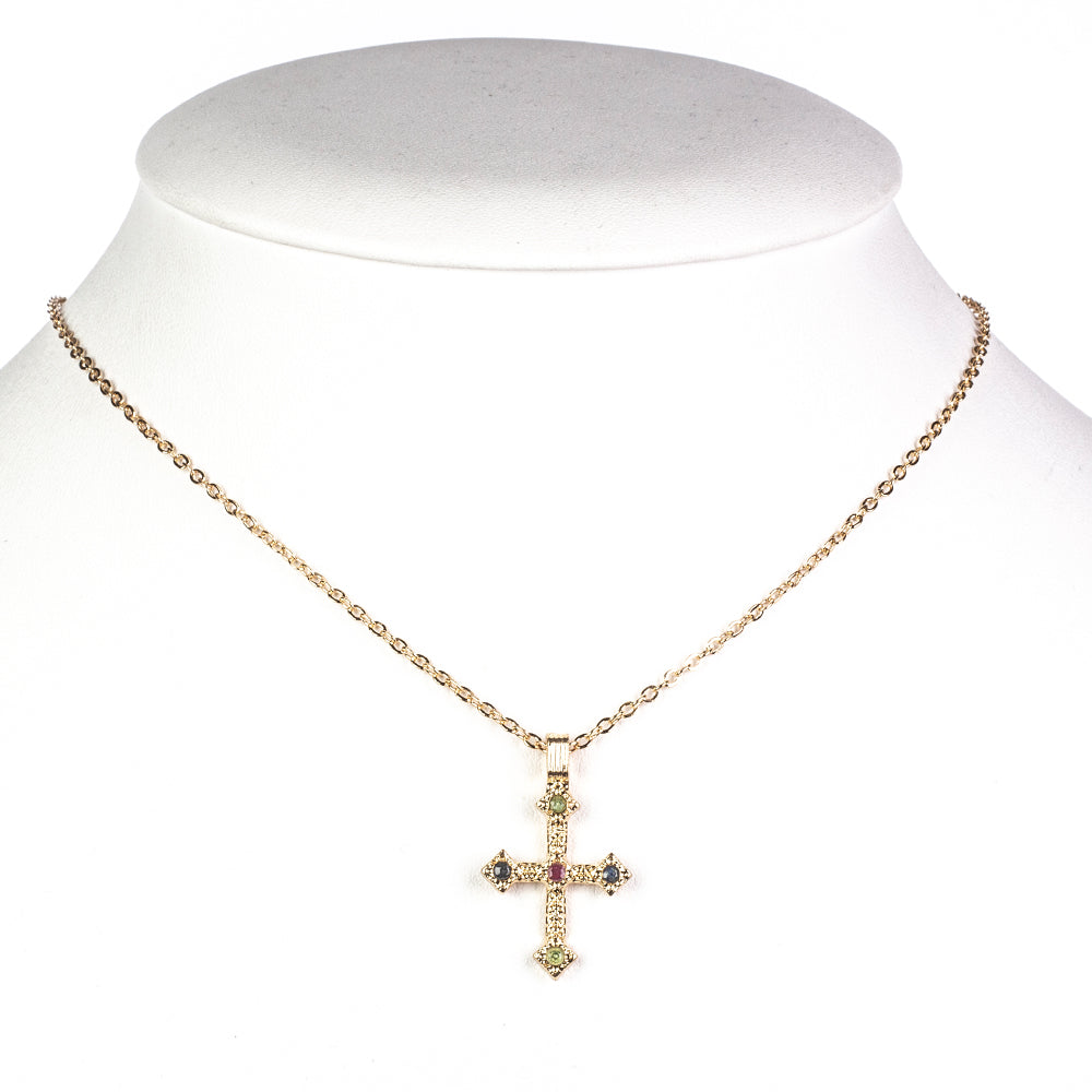 Kríž Pozlátený Zliatinový Náhrdelník s Barmským Rubínom a Brazílskym Smaragdom ( Náhrdelník+Prívesok )
