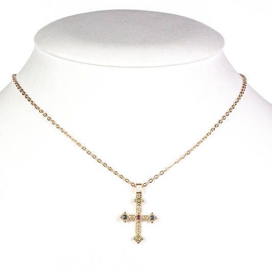 Kríž Pozlátený Zliatinový Náhrdelník s Barmským Rubínom a Brazílskym Smaragdom ( Náhrdelník+Prívesok )