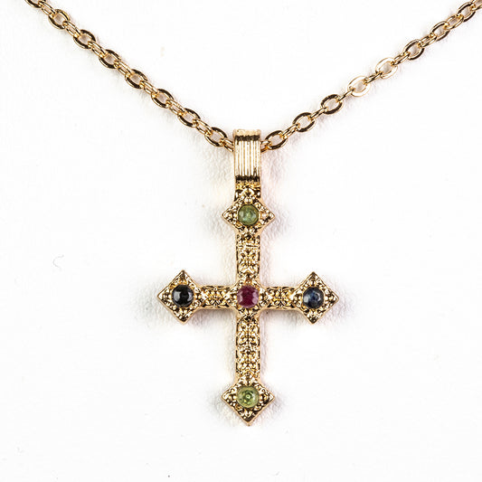 Kríž Pozlátený Zliatinový Náhrdelník s Barmským Rubínom a Brazílskym Smaragdom ( Náhrdelník+Prívesok )