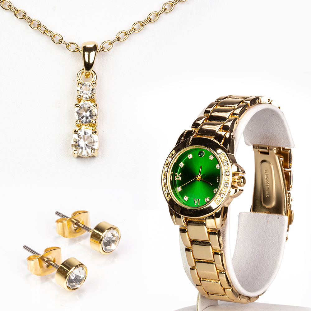 Pozlátený Zliatinový Hodinky s so Smaragdom a Bielym Emporia® Krištáľom ( Náhrdelník+Náušnice+Prívesok ) 1 