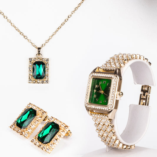 Pozlátený Zliatinový Hodinky s so Zeleným Emporia® Krištáľom a Bielym Emporia® Krištáľom ( Náhrdelník+Náušnice+Prívesok )
