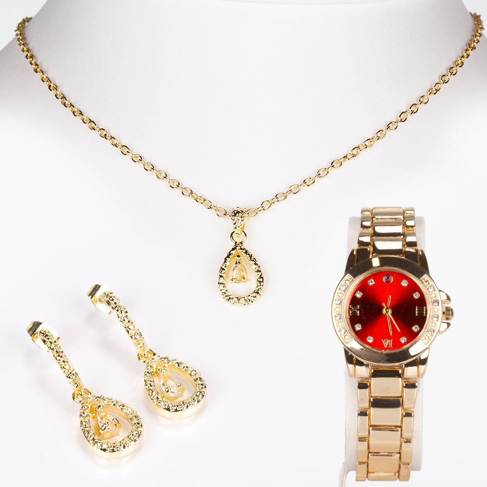 Pozlátený Zliatinový Hodinky s Rubínom a Bielym Emporia® Krištáľom ( Náhrdelník+Náušnice+Prívesok ) 1 