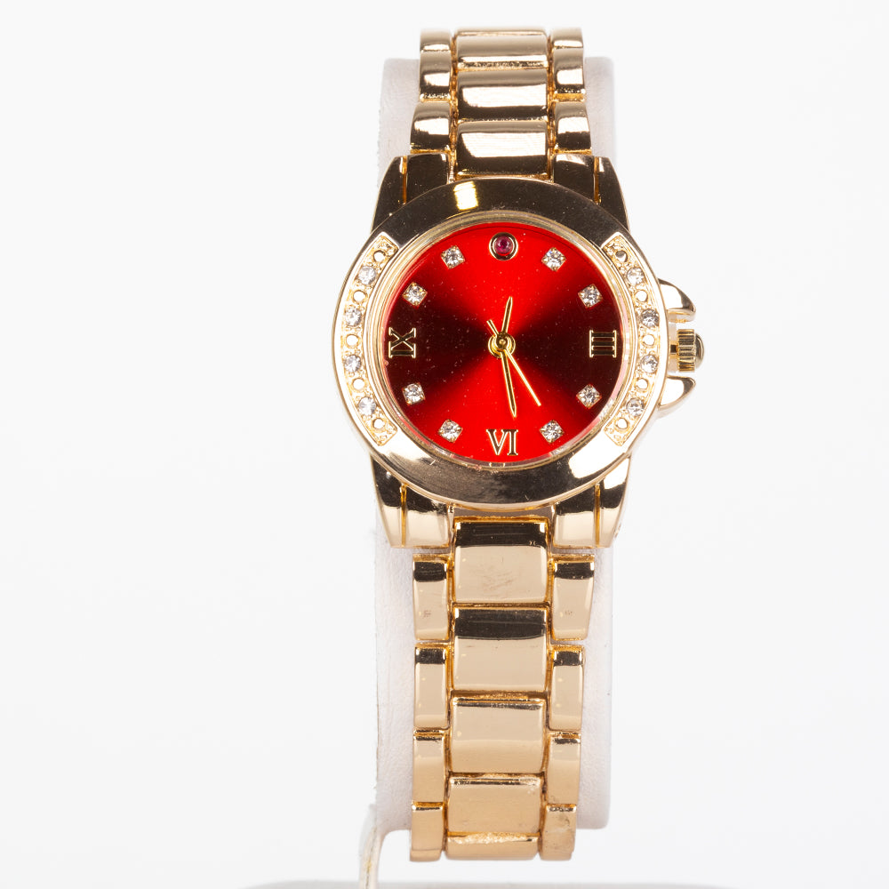 Pozlátený Zliatinový Hodinky s Rubínom a Bielym Emporia® Krištáľom ( Náhrdelník+Náušnice+Prívesok )