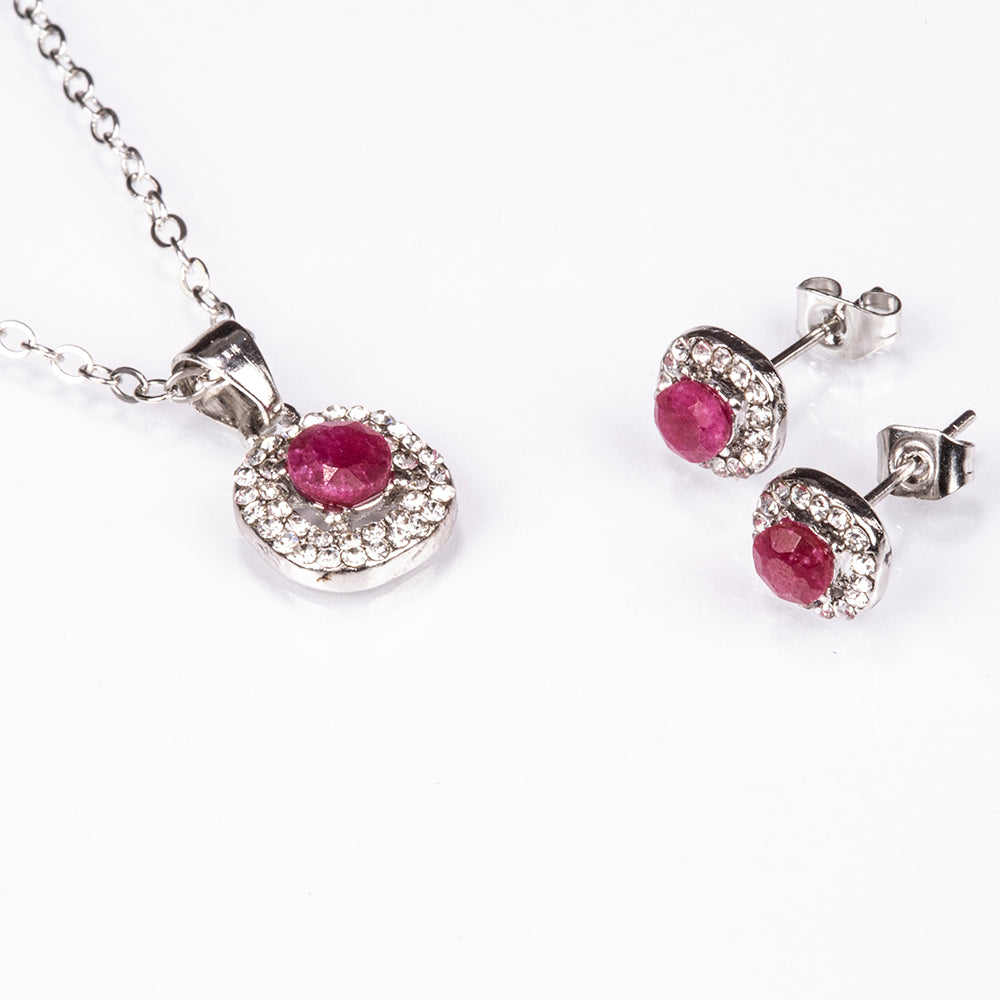 Pozlátené Zliatinové Sada s Rubínom a Bielym Emporia® Krištáľom ( Náhrdelník+Náušnice+Prívesok ) 1 