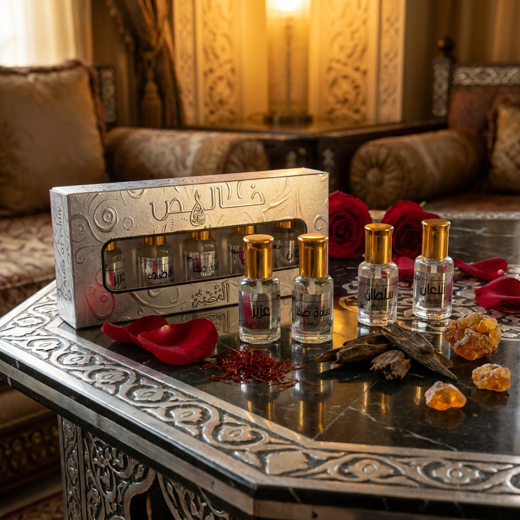 KHALIS SILVER 5*12 ML perfume oil set (TOP:Saffron, Raspberry, Grapefruit, Aromatic Aldehydes; MIDDLE:Rose, Jasmine, White Florals, Oud, Cedarwood; BASE:Sandalwood, Vanilla, Tonka, Musk, Ambergris, Leather, Woody Spices) 1 