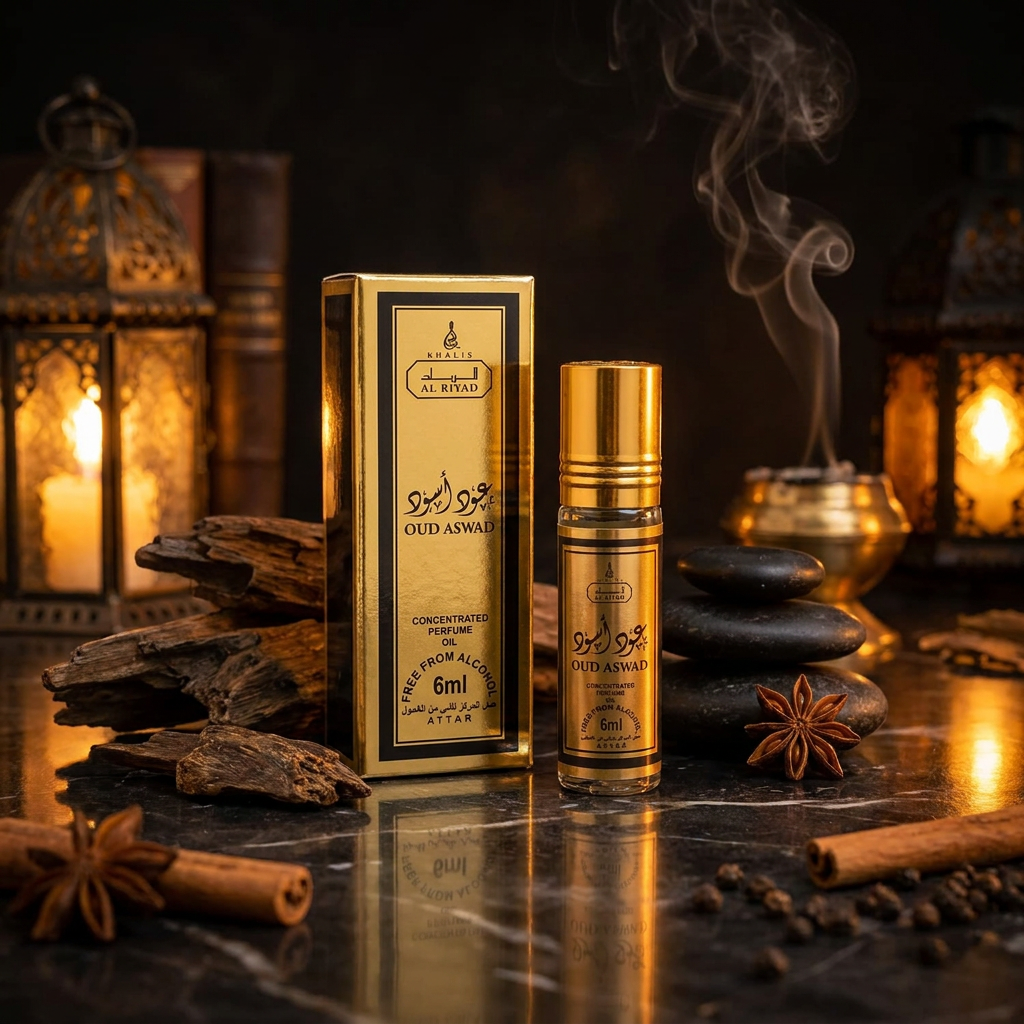 OUD ASWAD 6 ml perfume oil (TOP: PINK GRAPEFRUIT, CLARY SAGE, CARDAMOM; MIDDLE: RED GINGER, ORRIS, PATCHOULI; BASE: AGARWOOD, BLACK MUSK, AMBERGRIS, LABDAMUM, TONKA BEAN) 1 