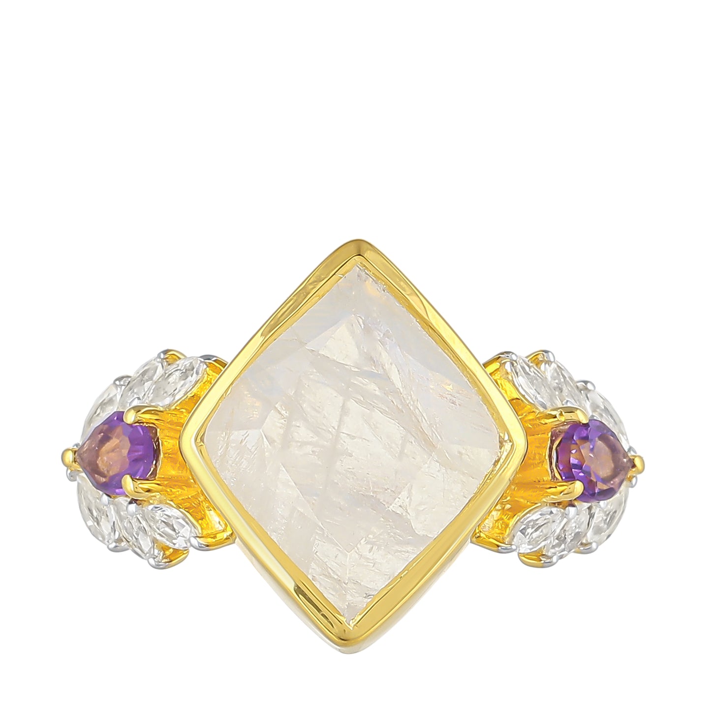 Pozlátený Strieborný Prsteň s Dúhovým Mesačným Kameňom a Brazílskym Ametystom