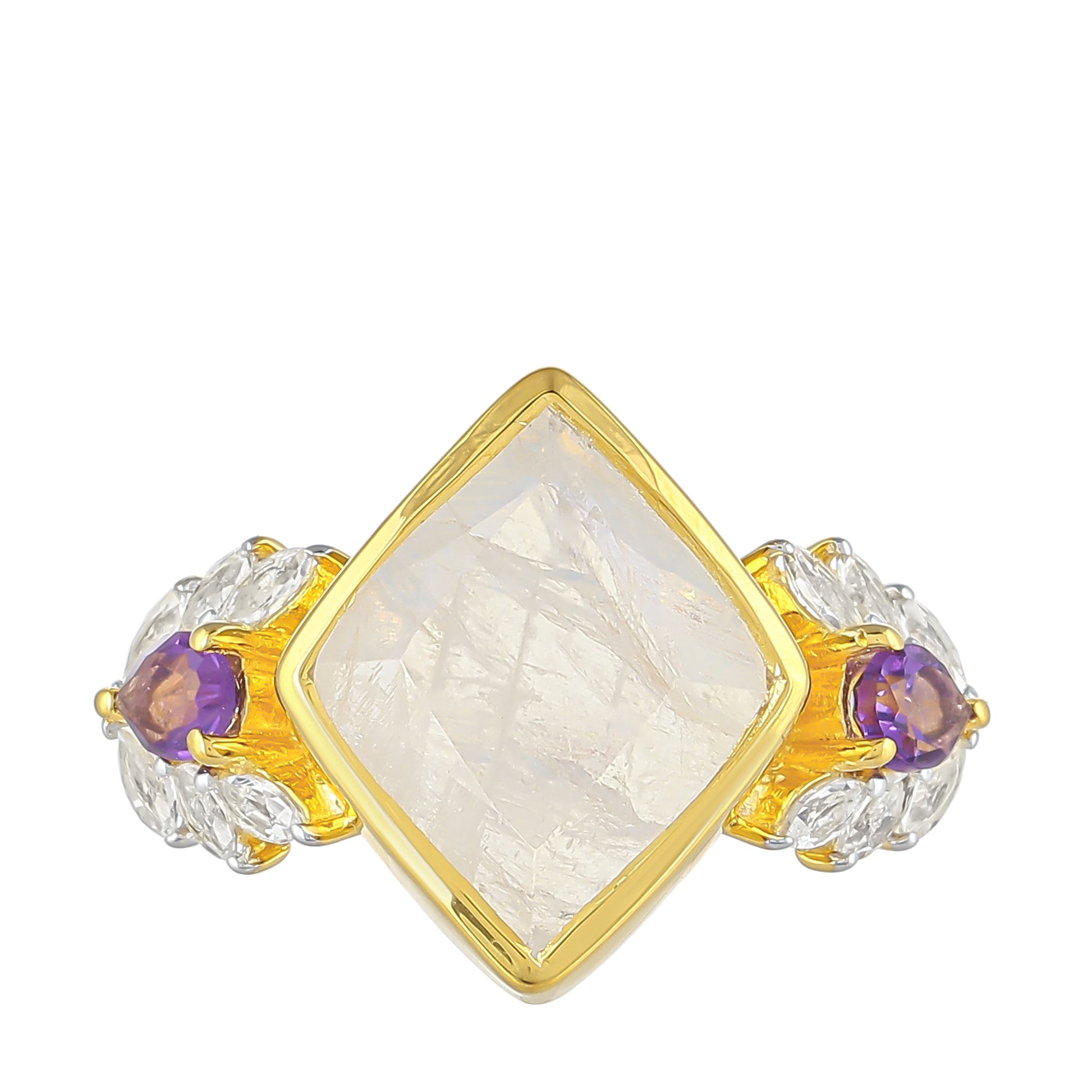 Pozlátený Strieborný Prsteň s Dúhovým Mesačným Kameňom a Brazílskym Ametystom 1 