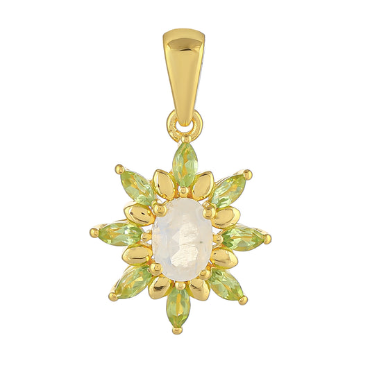 Pozlátený Strieborný Prívesok s Dúhovým Mesačným Kameňom a Olivínom