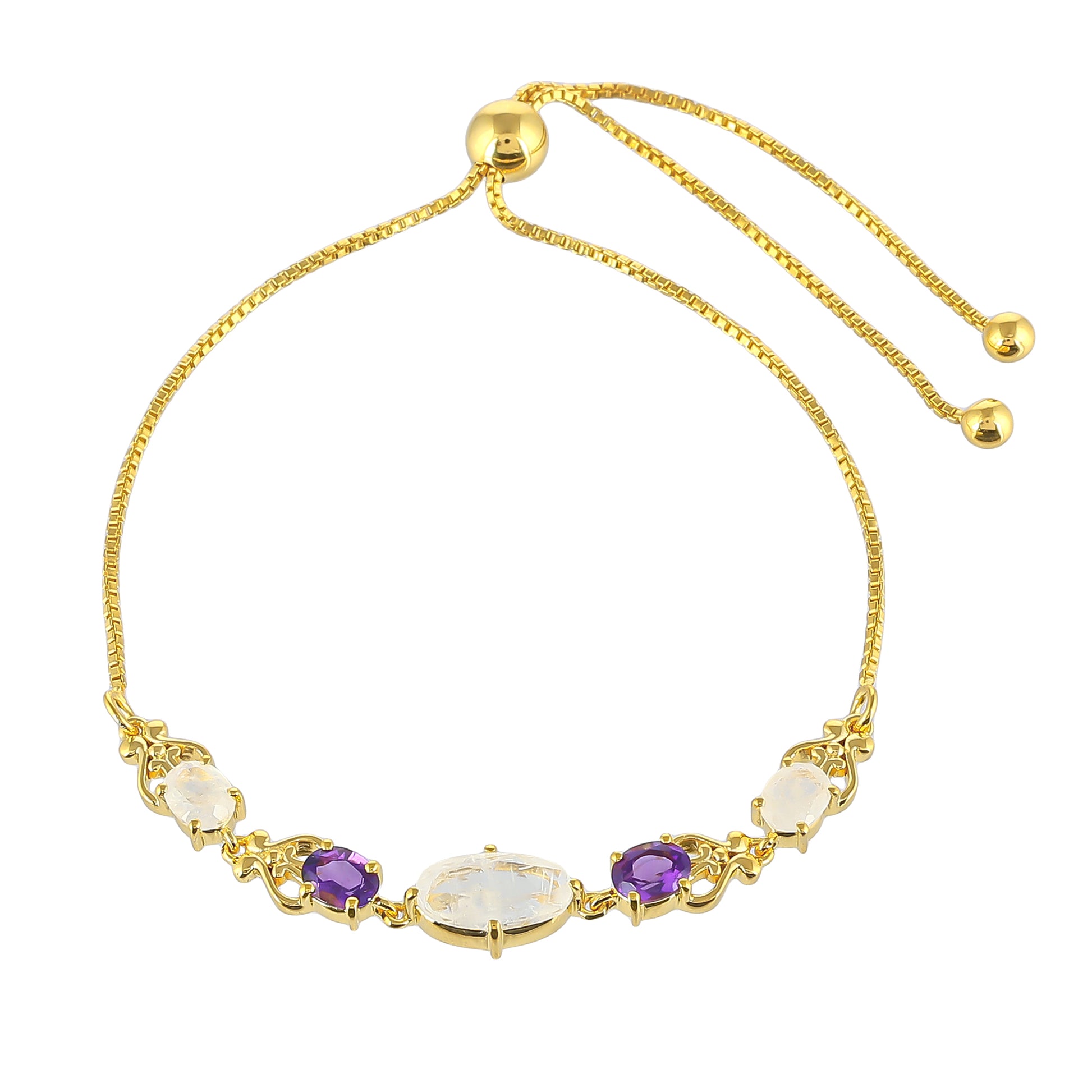 Pozlátený Strieborný Náramok s Dúhovým Mesačným Kameňom a Brazílskym Ametystom 1 