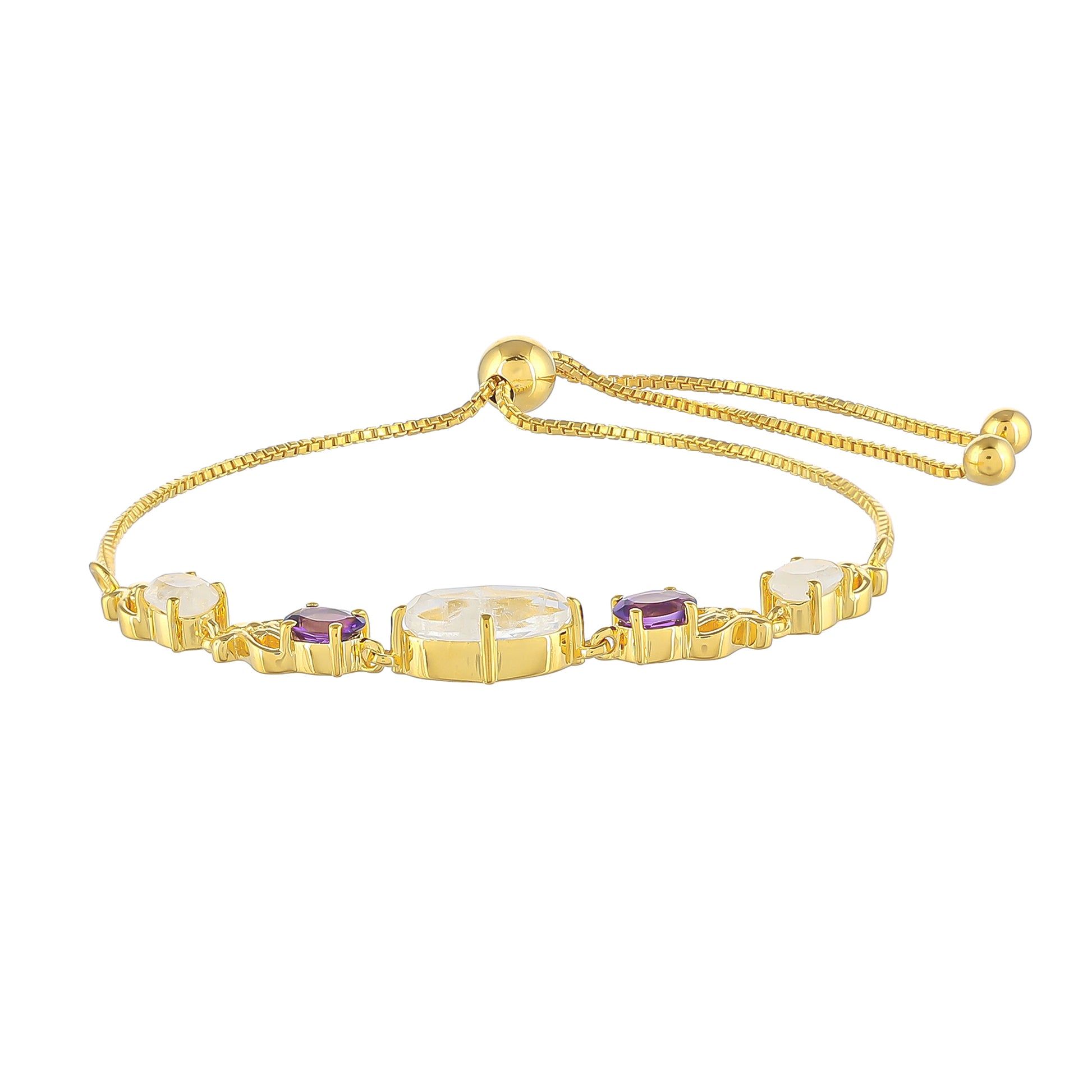 Pozlátený Strieborný Náramok s Dúhovým Mesačným Kameňom a Brazílskym Ametystom 2 