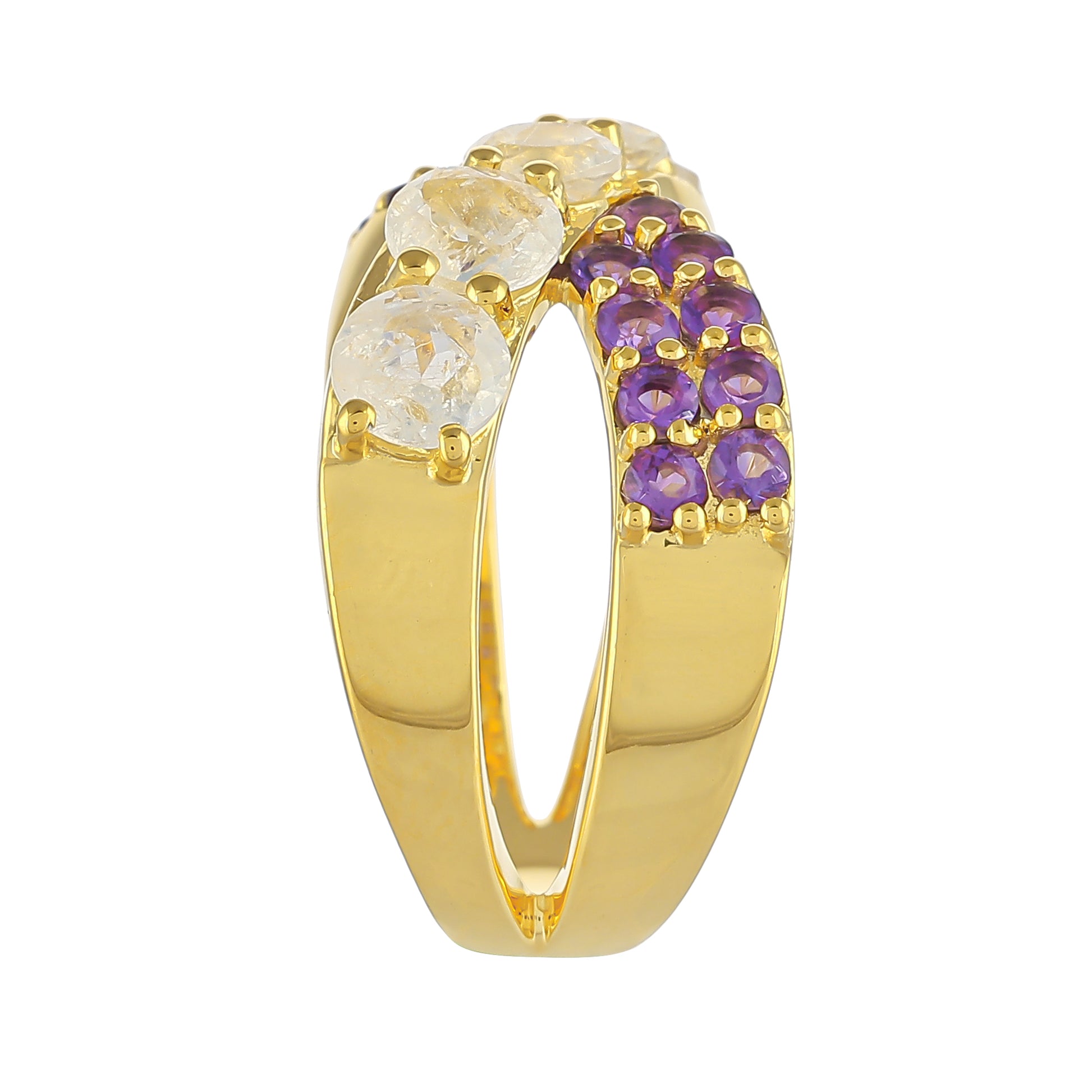 Pozlátený Strieborný Prsteň s Dúhovým Mesačným Kameňom a Brazílskym Ametystom 3 